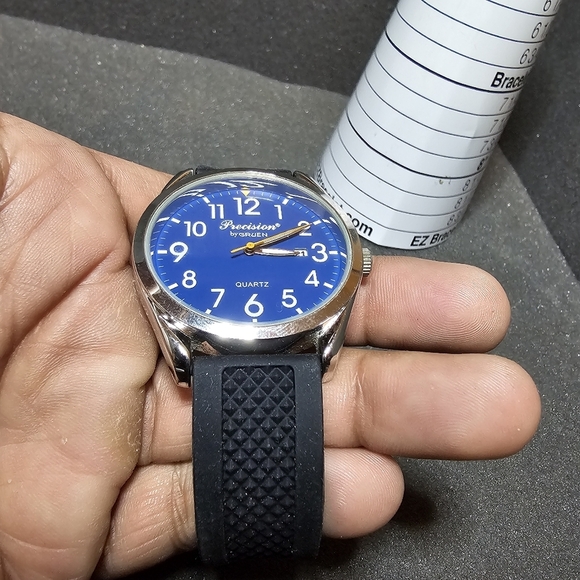 Precision By Gruen Mens Quartz Date Just Watch Working Silver Tone Blue Dial str - Picture 2 of 9